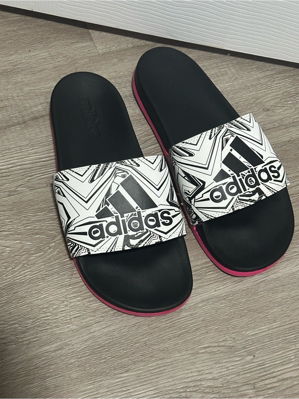 adidas Women’s Black & White Slide Sandals with Pink Trim